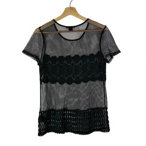 H&M Black Mesh & Lace Sheer Short Sleeve Top M